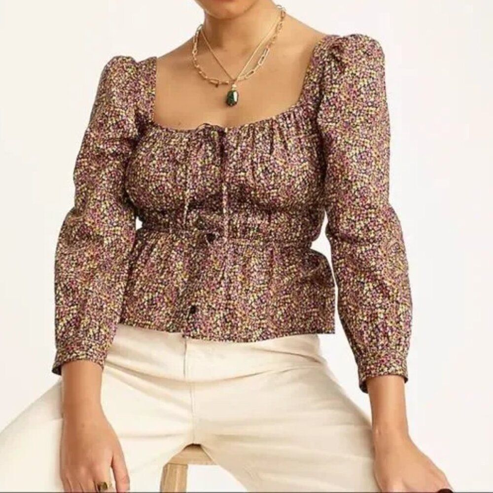 J Crew Smocked Peplum Long-Sleeve Top in Multi Floral